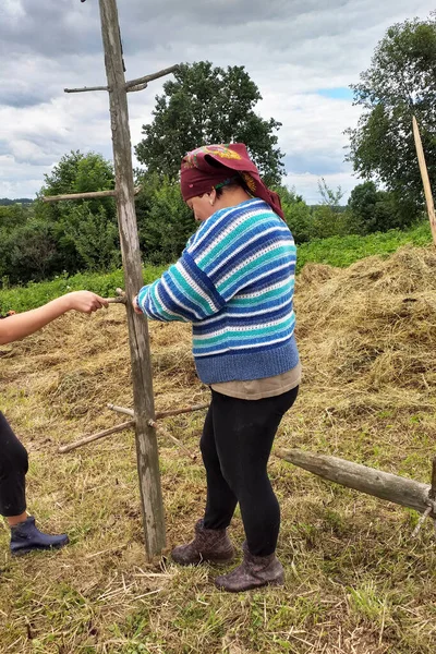 Época Feno Duas Mulheres Aldeia Trabalham Campo Preparando Suporte Madeira — Fotografia de Stock