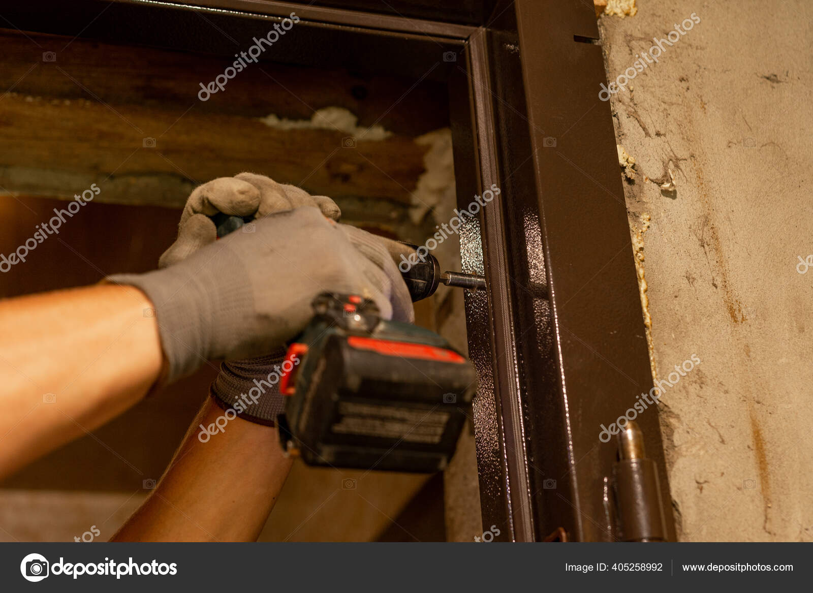 Master Drills Holes Hand Drill Metal Door Box Close Installation Stock