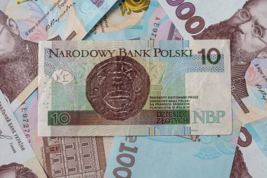 Ukrayna Hrivniası 'nın dokusunda on Polonyalı zloti, bin hryvnianın karşısında, para Vernadsky ve I. Meshko' yu resmediyor, Poland.2021 Prensi.