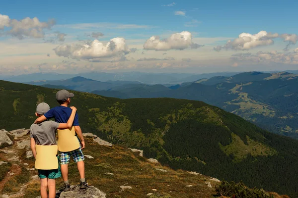 2人の小さな子供 1つの岩のピークに立っている兄弟の男の子 カルパチア山脈の山 幸せな子供 ハイキング中の子供 2020 — ストック写真