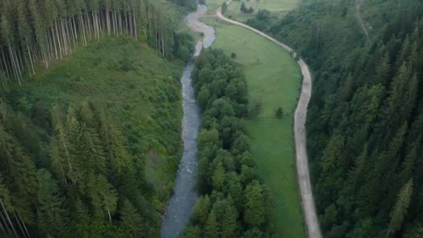 Nehrin üst manzarası ve Karpatlar 'daki paralel yolu, Ukrayna' daki Karpatlar 'ın kırsal kesimi.. — Stok video