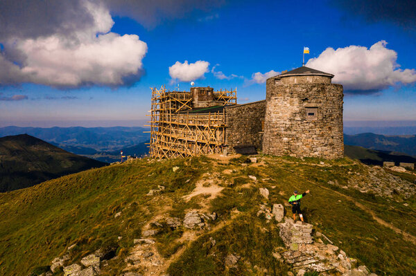 Black Mountain or Pip Ivan, one of the highest peaks of the Carpathians, the White Elephant Observatory, top view of the trails to the popular mountain.2020