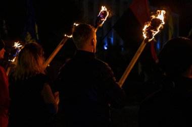 Dolyna, Ukrayna: 14 Ekim 2020, Svoboda siyasi partisinin UPA gününe adadığı barışçıl bir miting. 2020