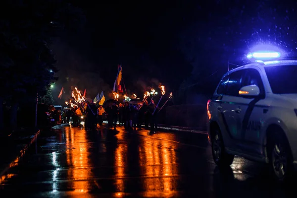 Dolyna Ukraine October 2020 Rally Political Party Svoboda 一辆警车在夜市巡逻 — 图库照片
