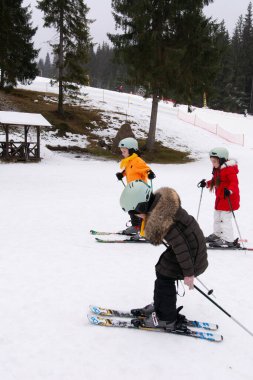 Çocuklar yamaçlarda heyecanlı bir günün tadını çıkarıyorlar. Kayaklarında ustalıkla manevra yapıyorlar. Kış mevsiminde güzel kar örtüleri ve yumuşak tepelerle çevrili..