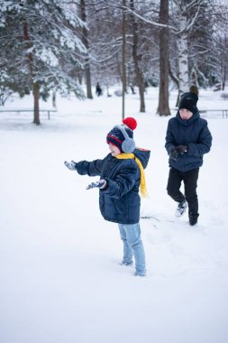 İki küçük çocuk, kışlık giysiler içinde karla kaplı bir parkta neşeyle oynuyorlar. Karla dolu ağaçlar resim gibi bir zemin oluşturur. Kış eğlencesi ve çocukluk sevinci aşikar.