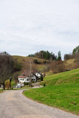 Sakin bir kırsal kesimde sergilenen sergiler yemyeşil tepelerle çevrili büyüleyici bir ev ve sakin bir bahar günü manzaranın içinde kıvrılan yumuşak bir yol..