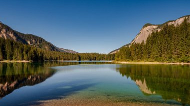 Tovel Gölü 'nün güzel manzarası, Adamello Brenta Park 'ta Trentino 'daki tüm doğal göllerin en büyüğü.
