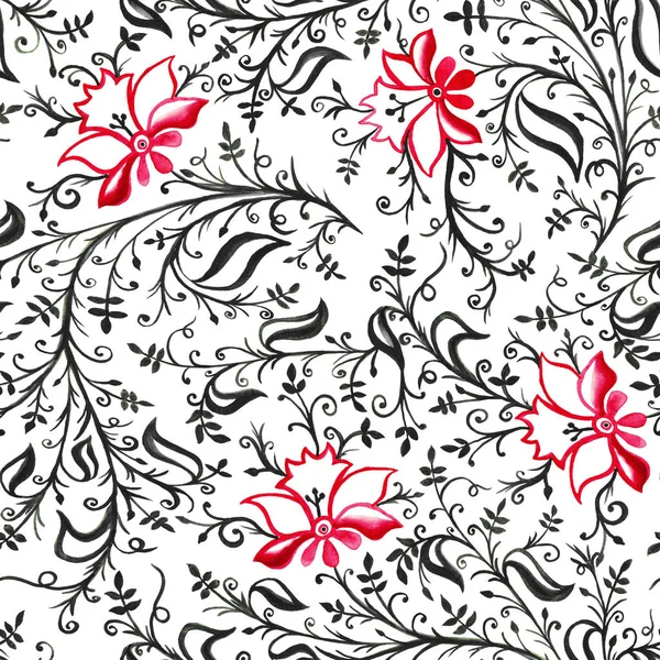 Seamless Pattern Ornament Openwork Delicate Flowers Leaves Curls Vines Red — Stock Photo, Image