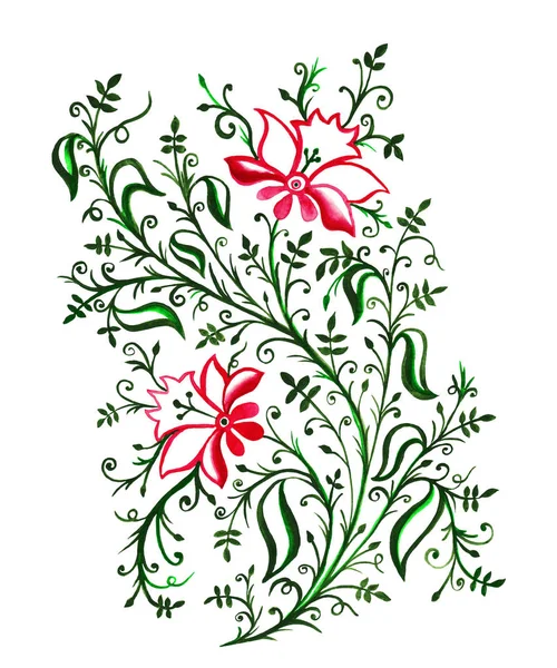 Openwork Delicate Flowers Leaves Curls Vines Rose Green Watercolor Plants — Stock Photo, Image