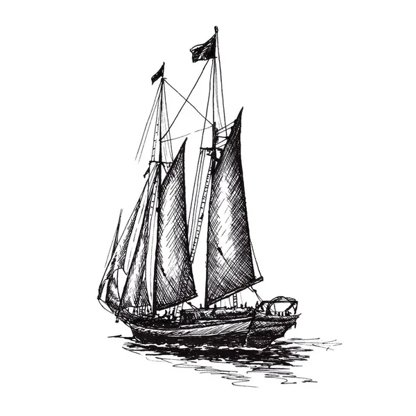 Loď Plující Jachtě Člun Starožitný Retro Starožitný Černý Inkoust Ruční — Stock fotografie