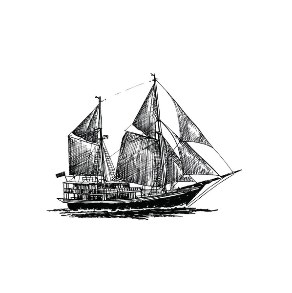 Корабель Вітрильний Яхта Човен Старовинний Старовинний Антикварний Чорний Малюнок Рук — стокове фото