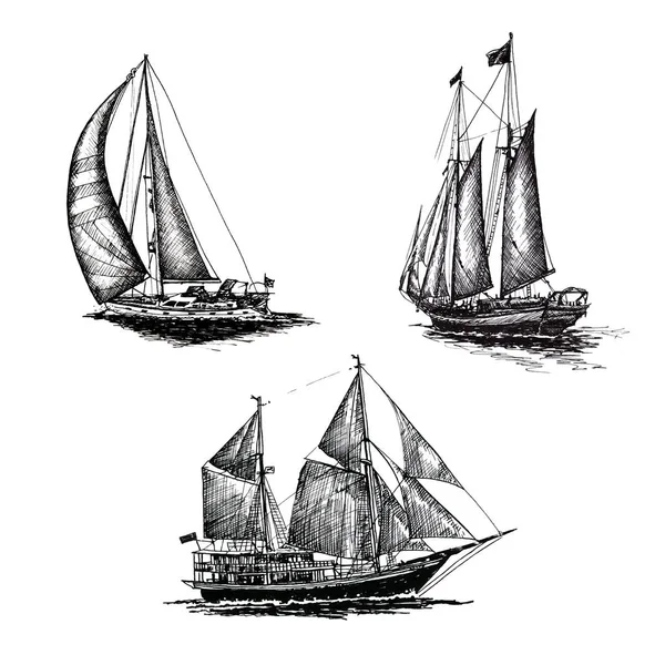 Set Ship Sailing Yacht Boat Antique Vintage Antique Black Ink — Stock Photo, Image