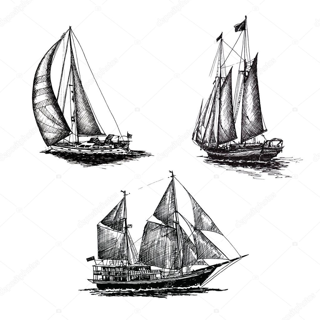 Set Ship sailing yacht boat antique vintage antique black ink hand drawing