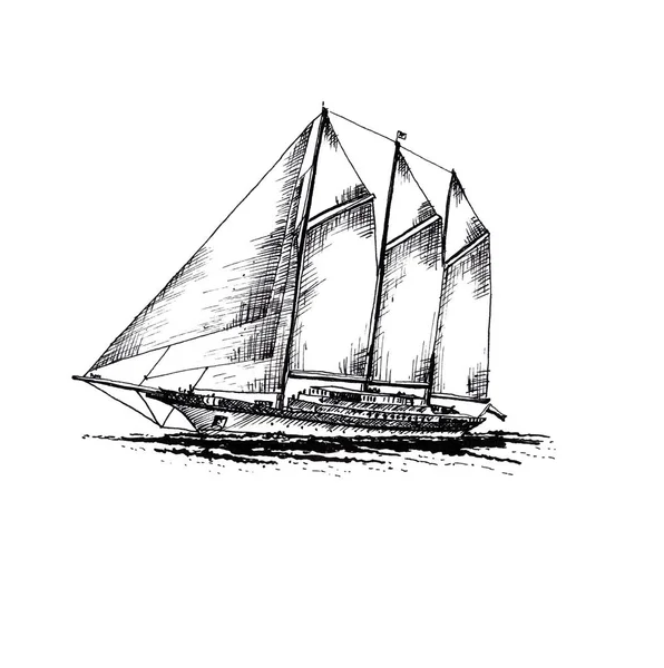 Ship Sailing Yacht Boat Antique Vintage Antique Black Ink Hand — Stock Photo, Image