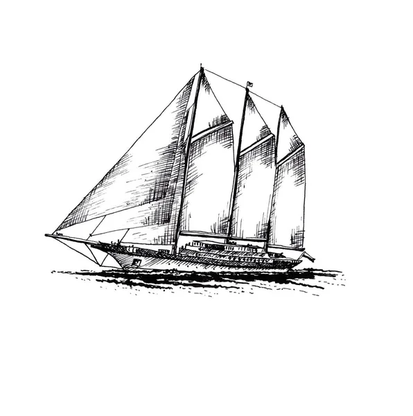 Ship sailing yacht boat antique vintage antique black ink hand drawing