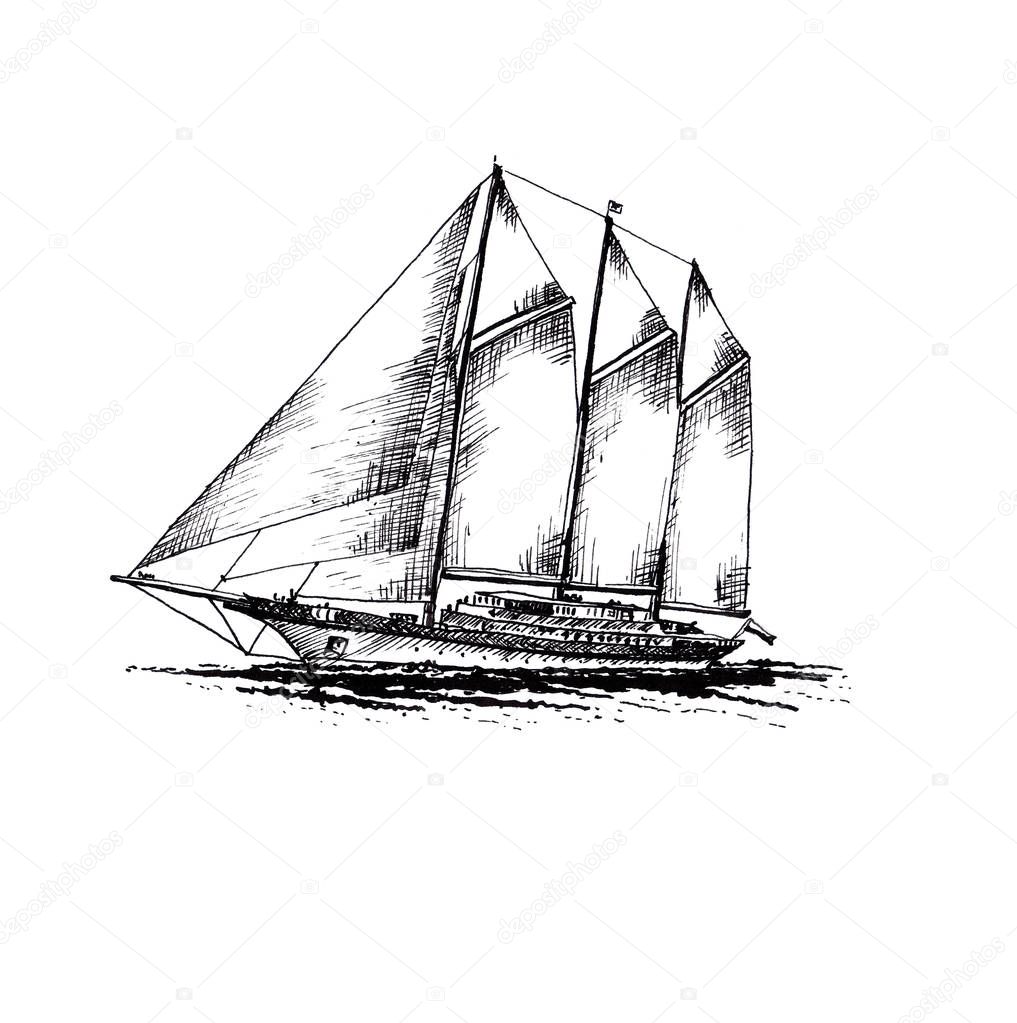 Ship sailing yacht boat antique vintage antique black ink hand drawing