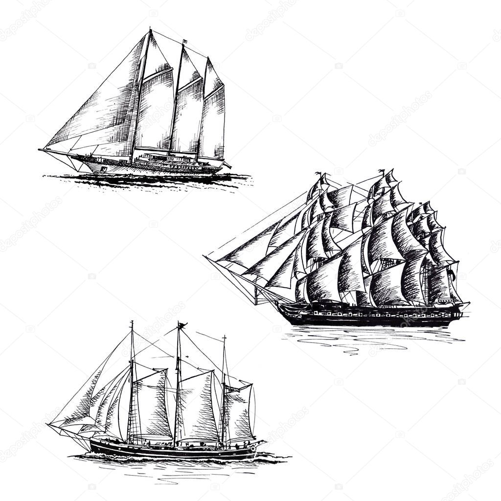 Set Ship sailing yacht boat antique vintage antique black ink hand drawing