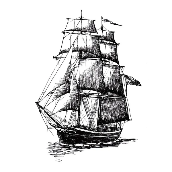 Корабель Вітрильний Яхта Човен Старовинний Старовинний Антикварний Чорний Малюнок Рук — стокове фото