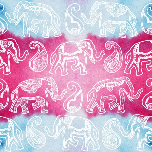 印度装饰大象派斯利蓝粉红 无尽的图案水彩画 — 图库照片