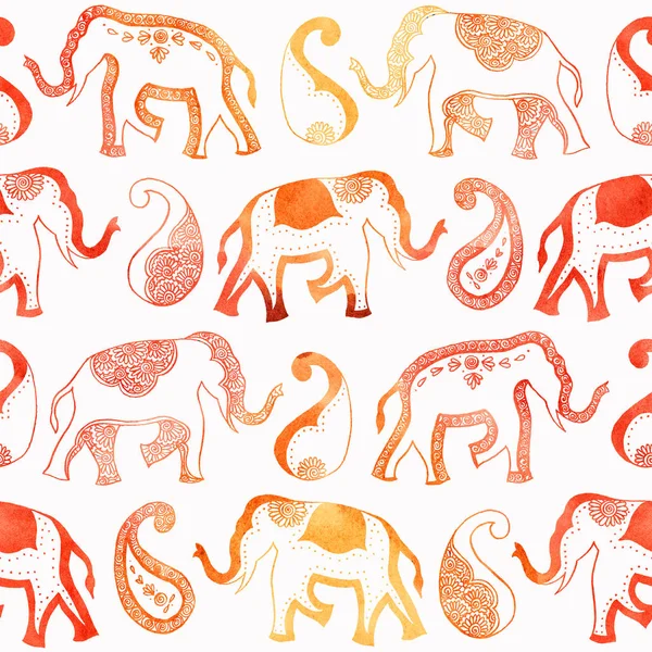 印度装饰大象派斯利黄色橙色 无尽的图案水彩画 — 图库照片