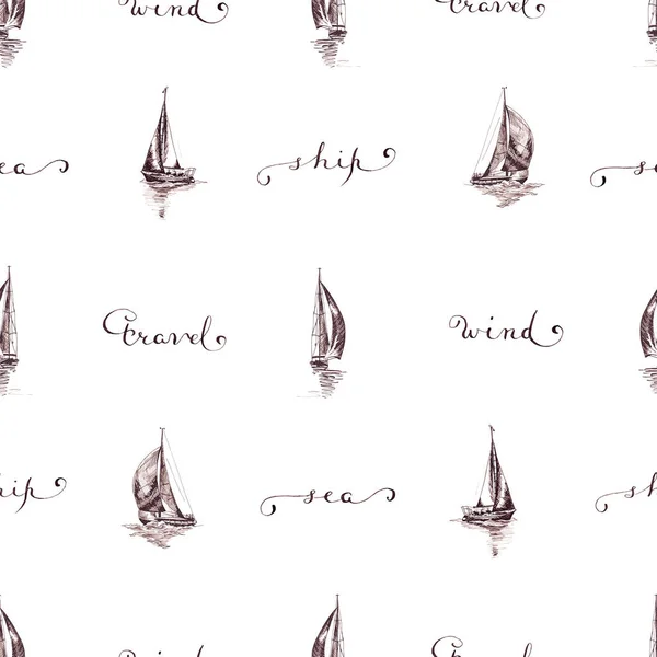 Seamless pattern Sailing yachts and ships in graphic style made with brown ink