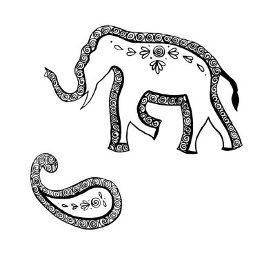 Hint süsleme-fil ve Paisley-el Siyah mürekkep çizim
