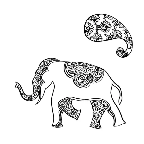 Ornamento Indiano Elefante Paisley Disegno Mano Inchiostro Nero — Foto Stock