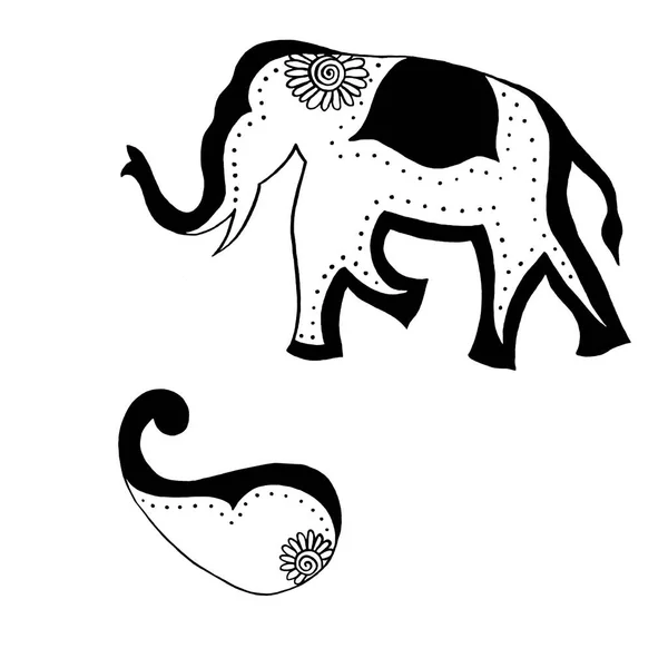 Adorno Indio Elefante Paisley Dibujo Mano Tinta Negra — Foto de Stock