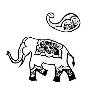 Hint süsleme-fil ve Paisley-el çizim siyah mürekkep Kalamkari