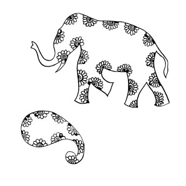 Hint süsleme-fil ve Paisley-el çizim siyah mürekkep Kalamkari