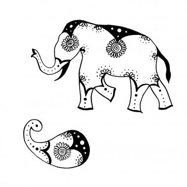 Hint süsleme-fil ve Paisley-el çizim siyah mürekkep Kalamkari