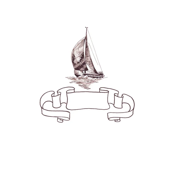 Statek żaglowy jacht zabytkowe zabytkowe z wstążka rama wirowały brązowy atrament dłoń rysunek ręka — Zdjęcie stockowe