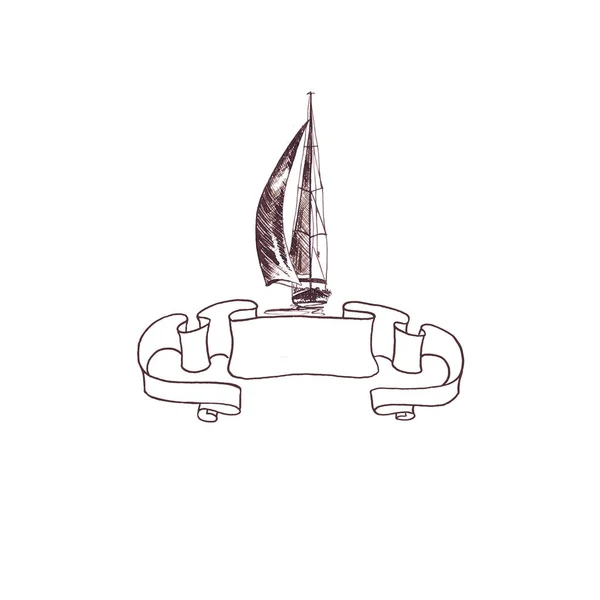 Statek żaglowy jacht zabytkowe zabytkowe z wstążka rama wirowały brązowy atrament dłoń rysunek ręka — Zdjęcie stockowe