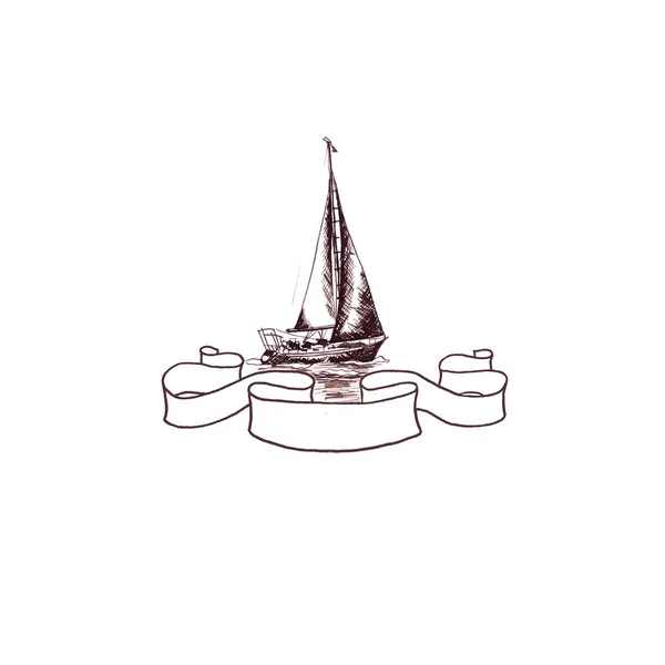 Корабель вітрильна яхта старовинний вінтаж зі стрічковою рамкою закручений коричневий чорнило ручний малюнок листівки — стокове фото
