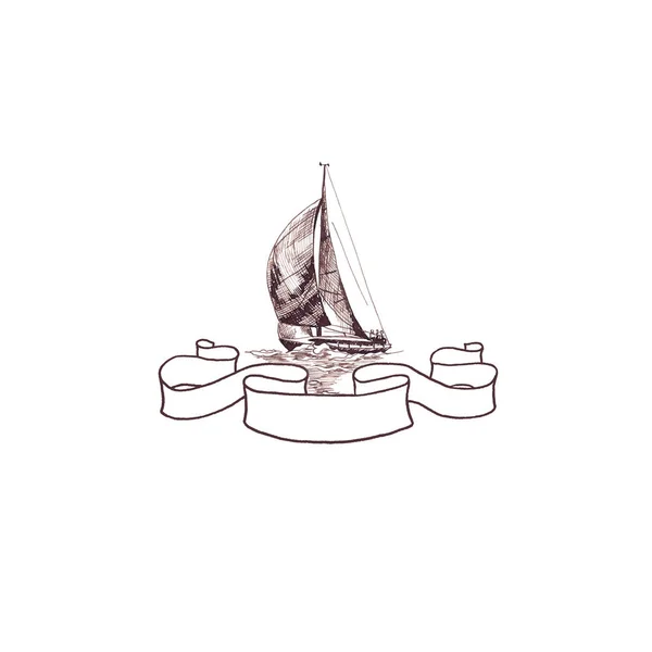 Yacht a vela nave vintage antico con cornice a nastro turbinato inchiostro marrone mano disegno cartolina — Foto Stock