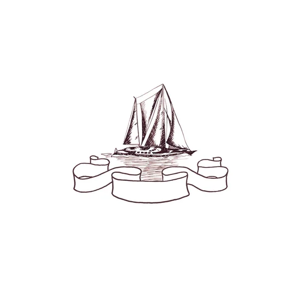 Barco yate de vela antigua vendimia con marco de cinta giró tinta marrón mano dibujo postal —  Fotos de Stock