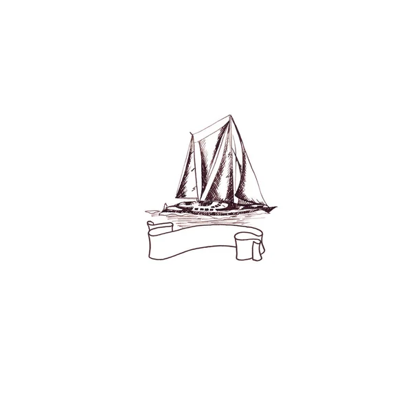 Hajó vitorlás Yacht antik évjárat a Ribbon keret kavarogott barna tintával kézzel képeslap — Stock Fotó