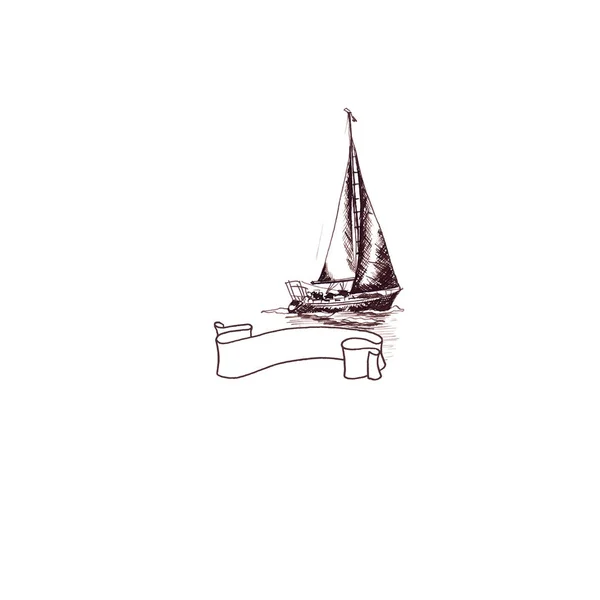 Πλοίο ιστιοπλοϊκό σκάφος αντίκα vintage με κορδέλα πλαίσιο στροβιλίζοντας καφέ μελάνι χέρι κάρτα σχέδιο — Φωτογραφία Αρχείου