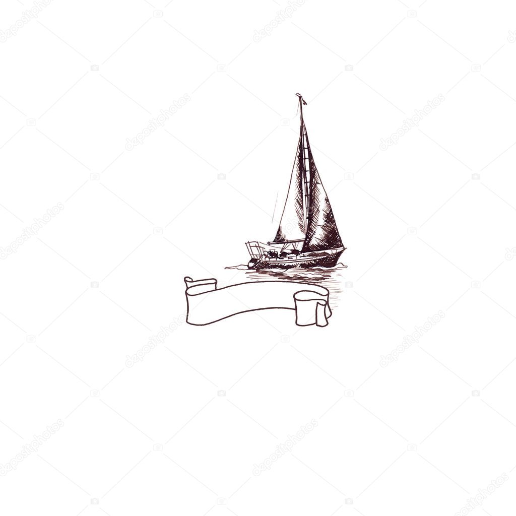 Ship sailing yacht antique vintage with Ribbon frame swirled brown ink hand drawing postcard