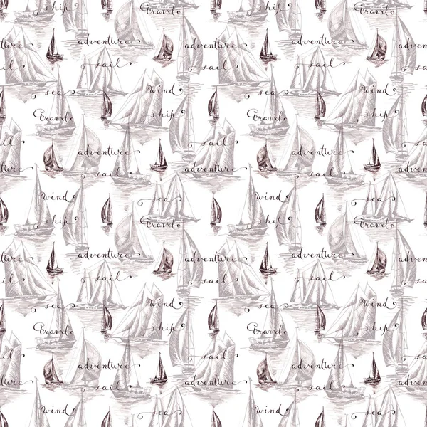 Bezešvé vzory jachtařské jachty a lodě v grafickém stylu, vyrobené s hnědým inkoustem — Stock fotografie