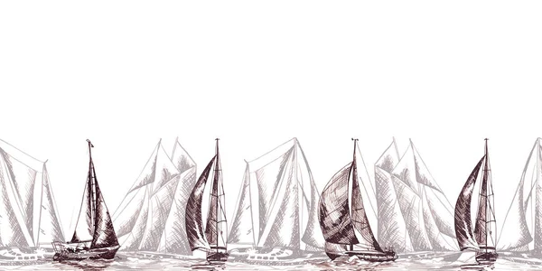 Border pattern Sailing yachts and ships in graphic style made with brown ink — Stock Photo, Image