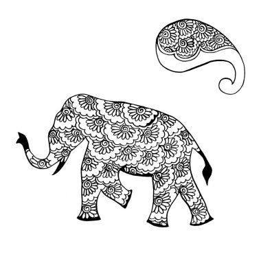 Hint süsleme-fil ve Paisley-el çizim siyah mürekkep Kalamkari