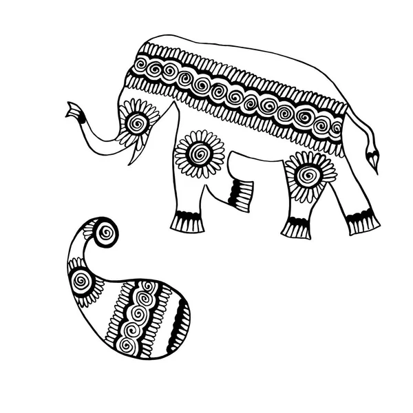 Adorno indio - elefante y paisley - dibujo a mano en tinta negra kalamkari — Foto de Stock