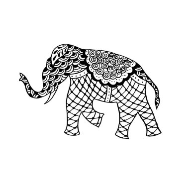 Hint süsleme-fil ve Paisley-el çizim siyah mürekkep Kalamkari