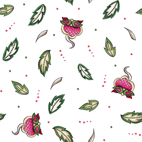 シームレスパターンムーンライトマジックフラワー刺繍織物黄色ピンクの芽カール葉 — ストック写真
