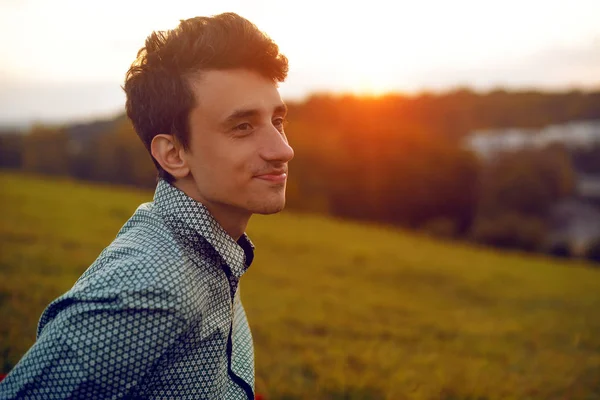 Man Portrait Sunset Man Sitting Park Summer Day Smile Boy — Stock Photo, Image