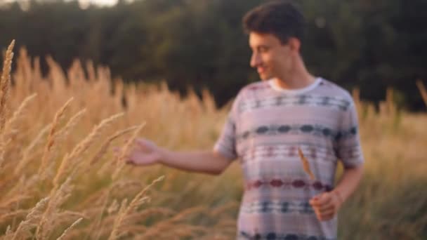 户外的人 十几岁的男孩快乐 微笑享受自然 人在阳光下的田野 自由快乐 暖色调 雄性手触麦地里的金麦子耳 — 图库视频影像