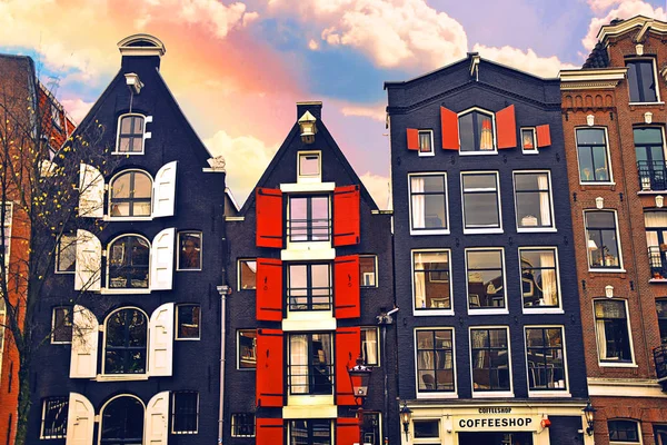 Amszterdam Singel Csatorna Tipikus Holland Ház Lakóhajókra Reggel Kék Óra — Stock Fotó