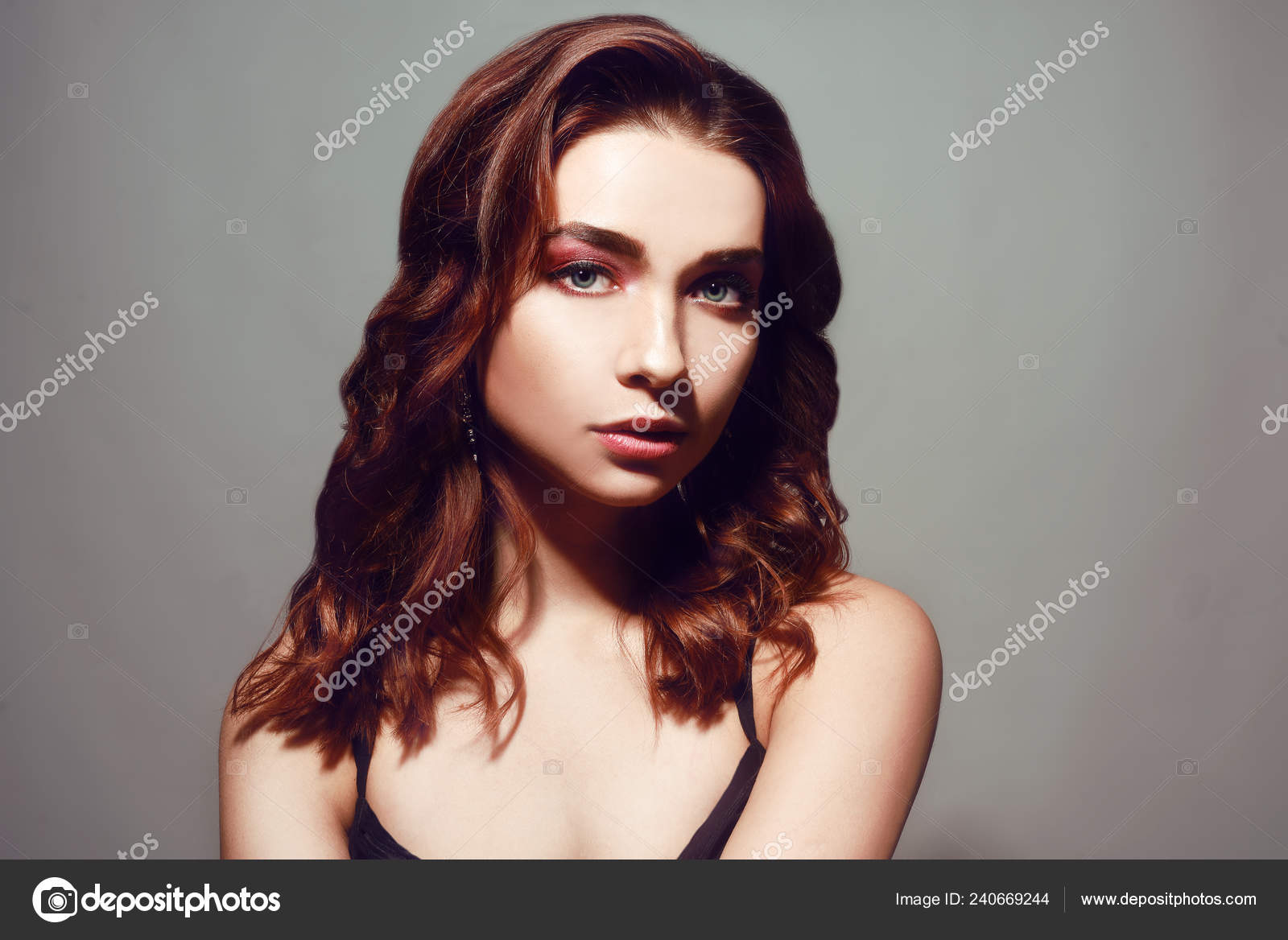 Beautiful Caucasian Woman Short Brown Curly Hair Portrait Pretty